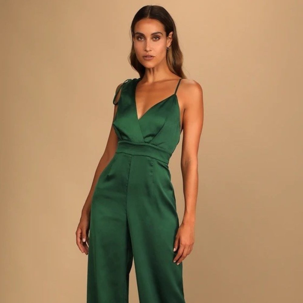 Look of Luxe Emerald Green Satin Asymmetrical Wide-Leg Jumpsuit